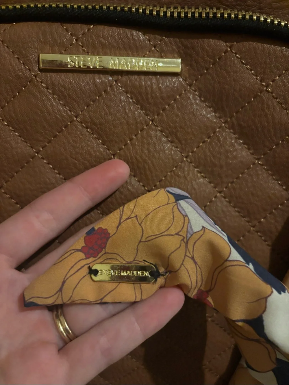 Steve Madden Quilted Brown Crossbody with Floral Scarf Accent
